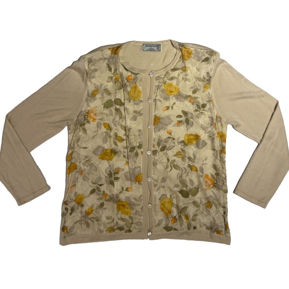 Vintage Floral Silk Cashmere Button Mixed Media Women’s Cardigan Scotland MD